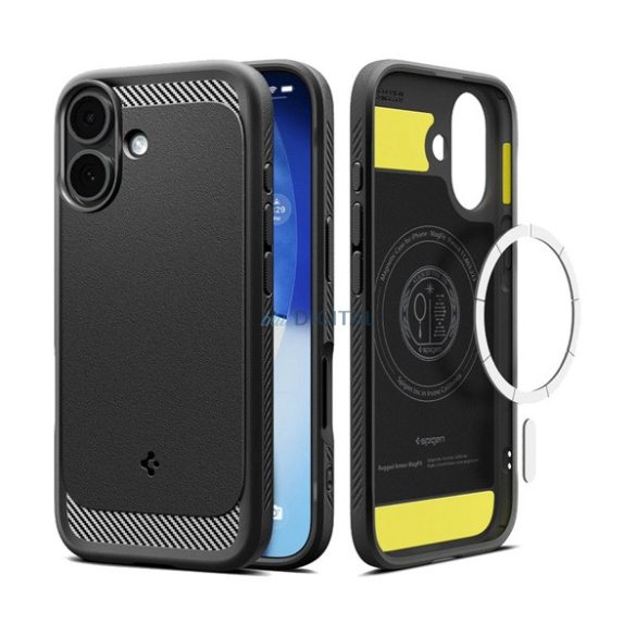 SPIGEN RUGGED ARMOR szilikon telefonvédő (ütésállóság, légpárnás sarok, karbon minta, MagSafe) FEKETE Apple iPhone 17