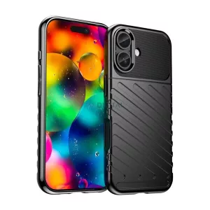 Szilikon telefonvédő (ütésállóság, csíkos, dombor minta) FEKETE Apple iPhone 17