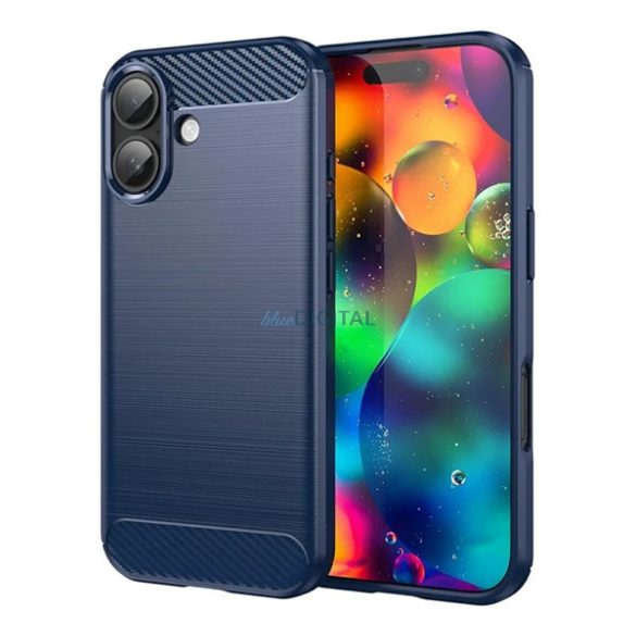 Szilikon telefonvédő (ütésállóság, légpárnás sarok, szálcsiszolt, karbon minta) SÖTÉTKÉK Apple iPhone 17
