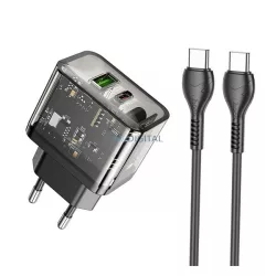   HOCO N34 hálózati töltő USB+Type-C aljzat (20W, PD gyorstöltő 3.0 + Type-C kábel) ÁTLÁTSZÓ