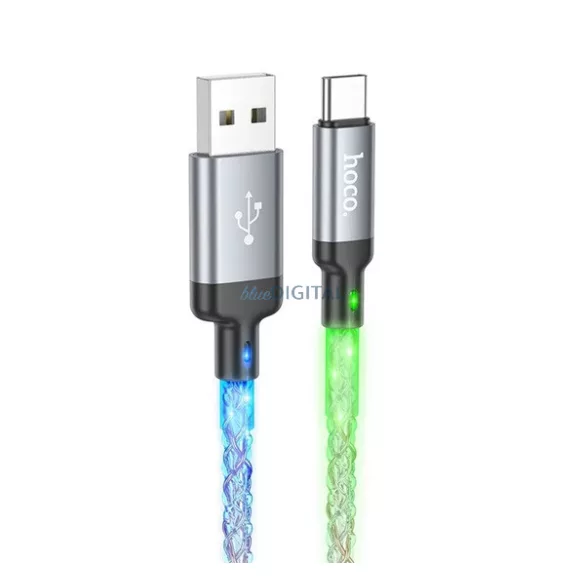 HOCO U112 adatkábel (USB - Type-C, 3A, gyorstöltő, 100cm, LED fény) SÖTÉTSZÜRKE