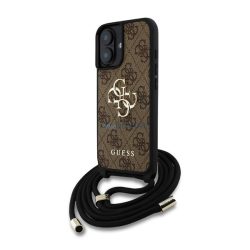   GUESS PU 4G METAL LOGO CROSSBODY STRAP műanyag telefonvédő (ütésállóság, bőr hatású hátla + vállpánt) BARNA Apple iPhone 16