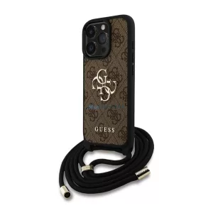GUESS PU 4G METAL LOGO CROSSBODY STRAP műanyag telefonvédő (ütésállóság, bőr hatású hátla + vállpánt) BARNA Apple iPhone 16 Pro Max