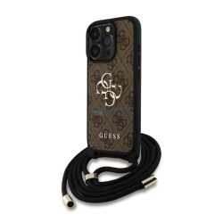   GUESS PU 4G METAL LOGO CROSSBODY STRAP műanyag telefonvédő (ütésállóság, bőr hatású hátla + vállpánt) BARNA Apple iPhone 16 Pro