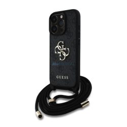   GUESS PU 4G METAL LOGO CROSSBODY STRAP műanyag telefonvédő (ütésállóság, bőr hatású hátla + vállpánt) FEKETE Apple iPhone 16 Pro Max