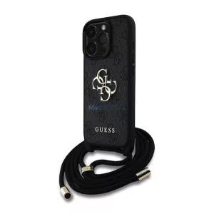GUESS PU 4G METAL LOGO CROSSBODY STRAP műanyag telefonvédő (ütésállóság, bőr hatású hátla + vállpánt) FEKETE Apple iPhone 16 Pro Max