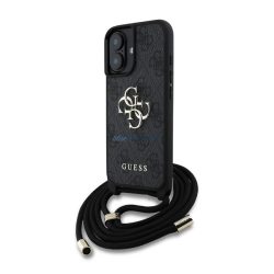   GUESS PU 4G METAL LOGO CROSSBODY STRAP műanyag telefonvédő (ütésállóság, bőr hatású hátla + vállpánt) FEKETE Apple iPhone 16