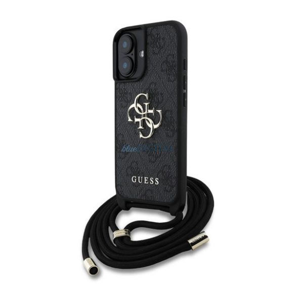 GUESS PU 4G METAL LOGO CROSSBODY STRAP műanyag telefonvédő (ütésállóság, bőr hatású hátla + vállpánt) FEKETE Apple iPhone 16