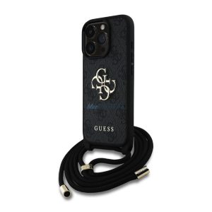 GUESS PU 4G METAL LOGO CROSSBODY STRAP műanyag telefonvédő (ütésállóság, bőr hatású hátla + vállpánt) FEKETE Apple iPhone 16 Pro