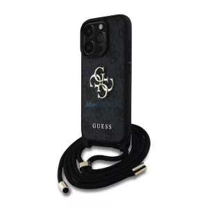 GUESS PU 4G METAL LOGO CROSSBODY STRAP műanyag telefonvédő (ütésállóság, bőr hatású hátla + vállpánt) FEKETE Apple iPhone 15 Pro