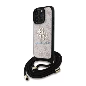 GUESS PU 4G METAL LOGO CROSSBODY STRAP műanyag telefonvédő (ütésállóság, bőr hatású hátla + vállpánt) RÓZSASZÍN Apple iPhone 15 Pro