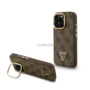 GUESS PU 4G STRASS TRIANGLE LOGO STAND műanyag telefonvédő (ütésállóság, bőr hatású hátlap, kitámasztó) BARNA Apple iPhone 15 Pro
