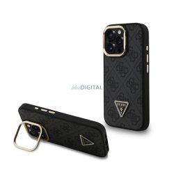   GUESS PU 4G STRASS TRIANGLE LOGO STAND műanyag telefonvédő (ütésállóság, bőr hatású hátlap, kitámasztó) FEKETE Apple iPhone 16 Pro