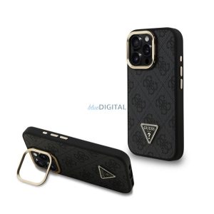 GUESS PU 4G STRASS TRIANGLE LOGO STAND műanyag telefonvédő (ütésállóság, bőr hatású hátlap, kitámasztó) FEKETE Apple iPhone 16 Pro