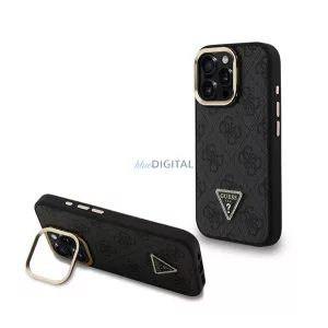 GUESS PU 4G STRASS TRIANGLE LOGO STAND műanyag telefonvédő (ütésállóság, bőr hatású hátlap, kitámasztó) FEKETE Apple iPhone 15 Pro