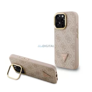 GUESS PU 4G STRASS TRIANGLE LOGO STAND műanyag telefonvédő (ütésállóság, bőr hatású hátlap, kitámasztó) RÓZSASZÍN Apple iPhone 16 Pro