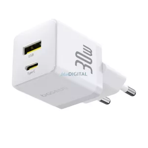 BASEUS PALM hálózati töltő USB+Type-C aljzat (30W, PD gyorstöltő 3.0) FEHÉR