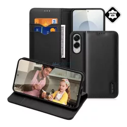   DUX DUCIS HIVO tok álló, valódi bőr (FLIP, oldalra nyíló, asztali tartó, kártyazseb, RFID) FEKETE Samsung Galaxy S25 Edge (SM-S937)