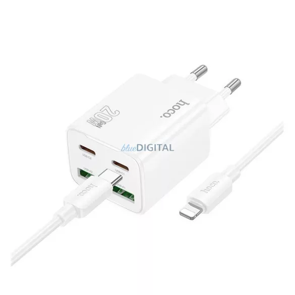 HOCO N55 hálózati töltő 2 USB+2 Type-C aljzat (20W, GaN, PD gyorstöltő 3.0 + lightning kábel) FEHÉR