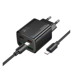   HOCO N55 hálózati töltő 2 USB+2 Type-C aljzat (20W, GaN, PD gyorstöltő 3.0 + lightning kábel) FEKETE