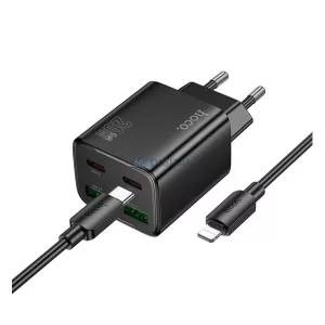 HOCO N55 hálózati töltő 2 USB+2 Type-C aljzat (20W, GaN, PD gyorstöltő 3.0 + lightning kábel) FEKETE