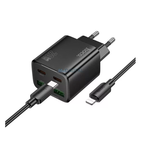 HOCO N55 hálózati töltő 2 USB+2 Type-C aljzat (20W, GaN, PD gyorstöltő 3.0 + lightning kábel) FEKETE