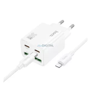 HOCO N56 hálózati töltő 2 USB+2 Type-C aljzat (30W, GaN, PD gyorstöltő 3.0 + lightning kábel) FEHÉR