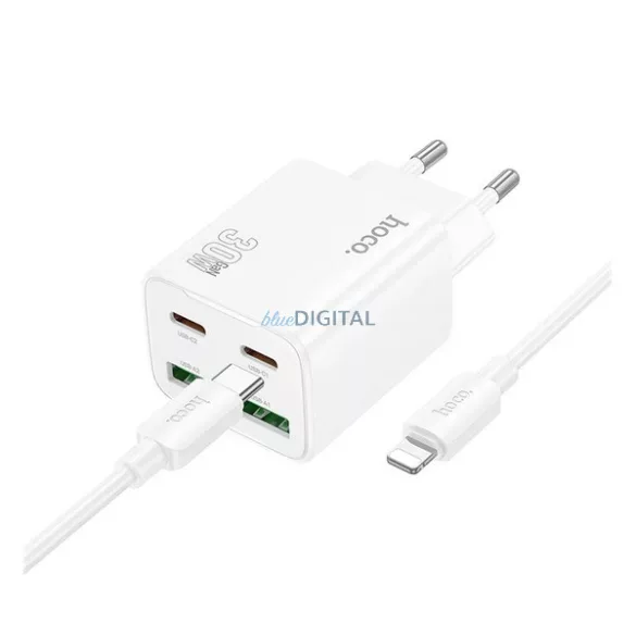 HOCO N56 hálózati töltő 2 USB+2 Type-C aljzat (30W, GaN, PD gyorstöltő 3.0 + lightning kábel) FEHÉR