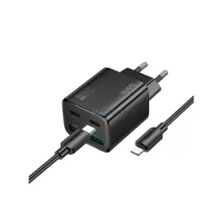   HOCO N56 hálózati töltő 2 USB+2 Type-C aljzat (30W, GaN, PD gyorstöltő 3.0 + lightning kábel) FEKETE