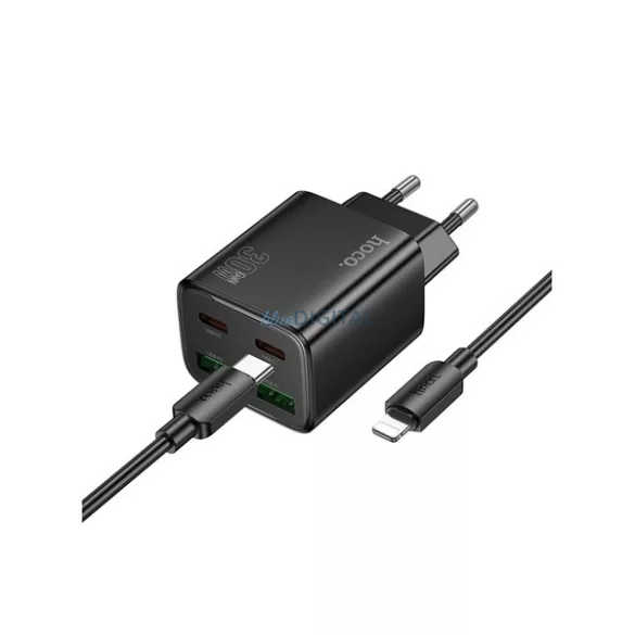HOCO N56 hálózati töltő 2 USB+2 Type-C aljzat (30W, GaN, PD gyorstöltő 3.0 + lightning kábel) FEKETE