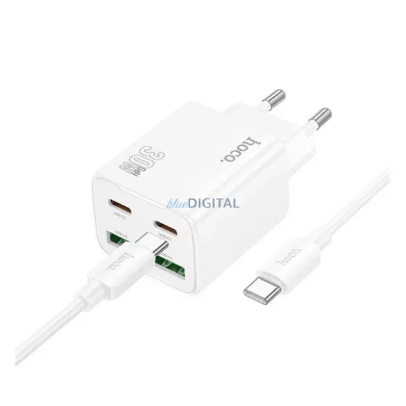 HOCO N56 hálózati töltő 2 USB+2 Type-C aljzat (30W, GaN, PD gyorstöltő 3.0 + Type-C kábel) FEHÉR