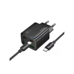   HOCO N56 hálózati töltő 2 USB+2 Type-C aljzat (30W, GaN, PD gyorstöltő 3.0 + Type-C kábel) FEKETE