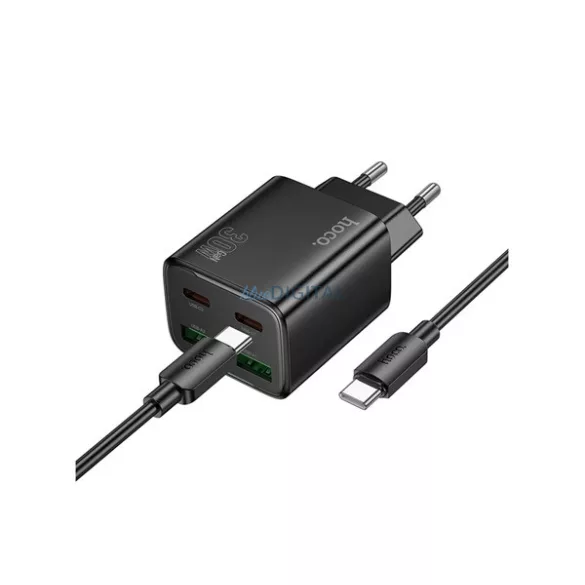 HOCO N56 hálózati töltő 2 USB+2 Type-C aljzat (30W, GaN, PD gyorstöltő 3.0 + Type-C kábel) FEKETE