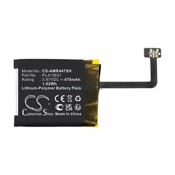 CAMERON SINO Li-Polymer akku (3.87V / 470mAh, Amazfit PL412631 kompatibilis) FEKETE Amazfit GTR 47mm