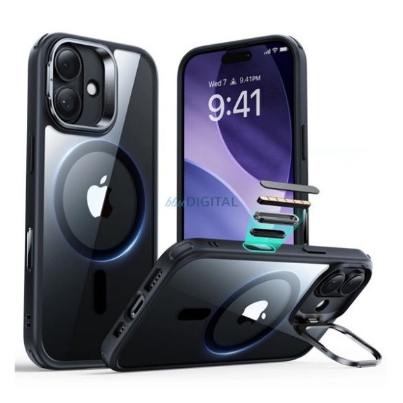 ESR CLASSIC HYBRID szilikon telefonvédő (ütésállóság, légpárnás sarok, kitámasztó, MagSafe) FEKETE Apple iPhone 17