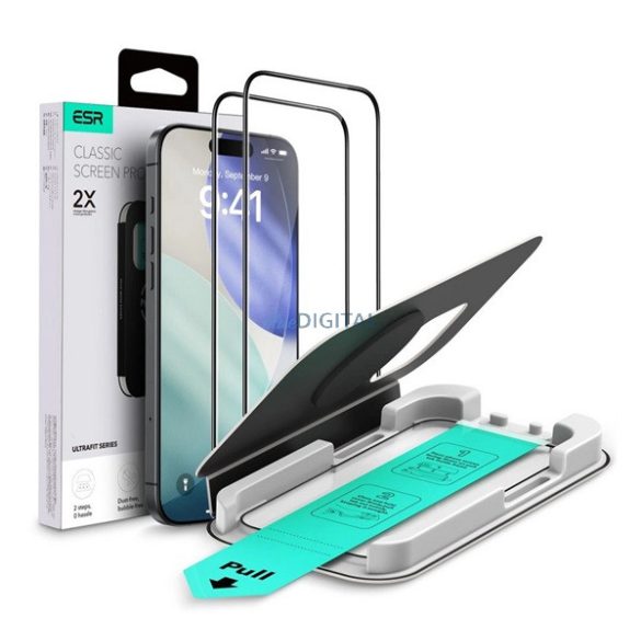 ESR ULTRAFIT képernyővédő üveg 2db (2.5D, 9H + segédkeret) ÁTLÁTSZÓ Apple iPhone 17, iPhone 16 Pro