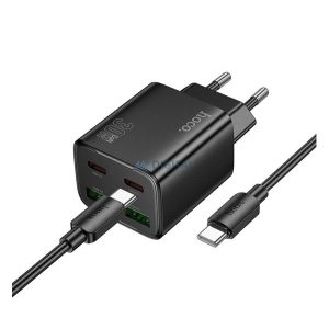 HOCO N52 hálózati töltő 2 USB+2 Type-C aljzat (20W, PD gyorstöltő 3.0 + lightning kábel) FEKETE