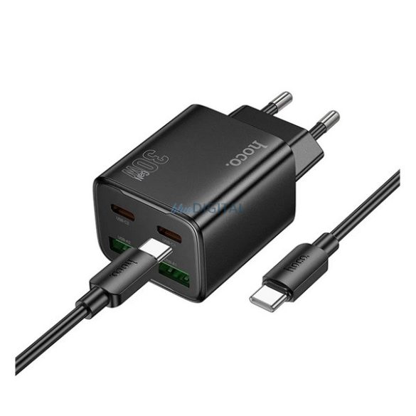 HOCO N52 hálózati töltő 2 USB+2 Type-C aljzat (20W, PD gyorstöltő 3.0 + lightning kábel) FEKETE