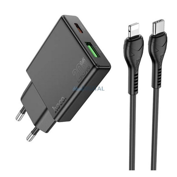 HOCO N38 hálózati töltő USB+Type-C aljzat (20W, PD gyorstöltő 3.0, vékony + lightning kábel) FEKETE