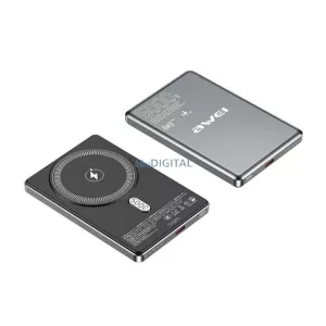 AWEI PA-30 vésztöltő Type-C aljzat (5000mAh, 15W, wireless, MagSafe, PD gyorstöltő 3.0) SÖTÉTSZÜRKE
