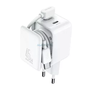 JOYROOM JR-TCL05 hálózati töltő 2 Type-C aljzat (45W, GaN, gyorstöltő, kábelrendező + Type-C kábel) FEHÉR