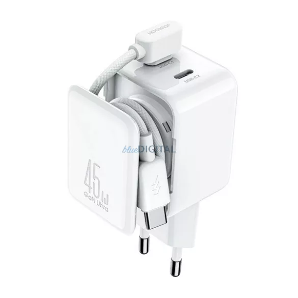 JOYROOM JR-TCL05 hálózati töltő 2 Type-C aljzat (45W, GaN, gyorstöltő, kábelrendező + Type-C kábel) FEHÉR