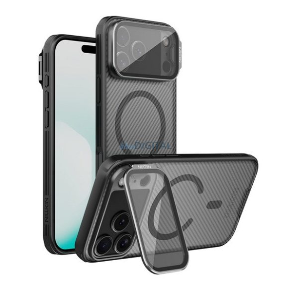 NILLKIN CAMSHIELD PROP MAGNETIC szilikon telefonvédő (ütésállóság, kameravédő, kitámasztó, csíkos) FEKETE Apple iPhone 17 Pro Max