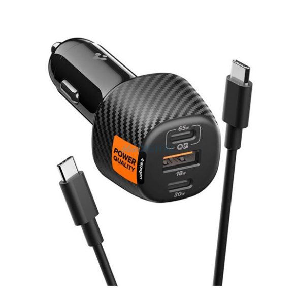 SPIGEN ESSENTIAL EV1133 autós töltő USB+2 Type-C aljzat (113W, PD gyorstöltő 3.0 + Type-C kábel) FEKETE