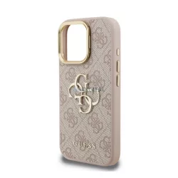   GUESS 4G METAL LOGO STAND műanyag telefonvédő (ütésállóság, bőr hatású hátlap, kitámasztó) RÓZSASZÍN Apple iPhone 16 Pro