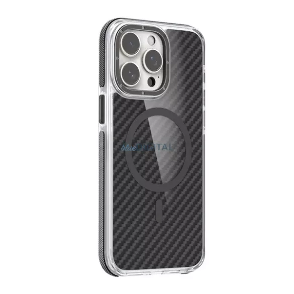 Szilikon telefonvédő (ütésállóság, légpárnás sarok, karbon minta, wireless, MagSafe) SÖTÉTSZÜRKE Apple iPhone 16e