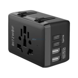   BLITZWOLF BW-TA1 utazó töltő 2 USB+2 Type-C aljzat (20W, GaN, PD gyorstöltés, EU, UK, US, AU) FEKETE