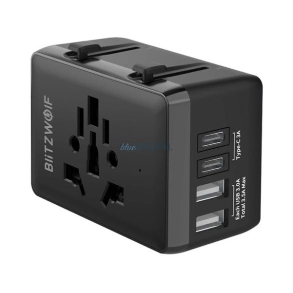 BLITZWOLF BW-TA1 utazó töltő 2 USB+2 Type-C aljzat (20W, GaN, PD gyorstöltés, EU, UK, US, AU) FEKETE