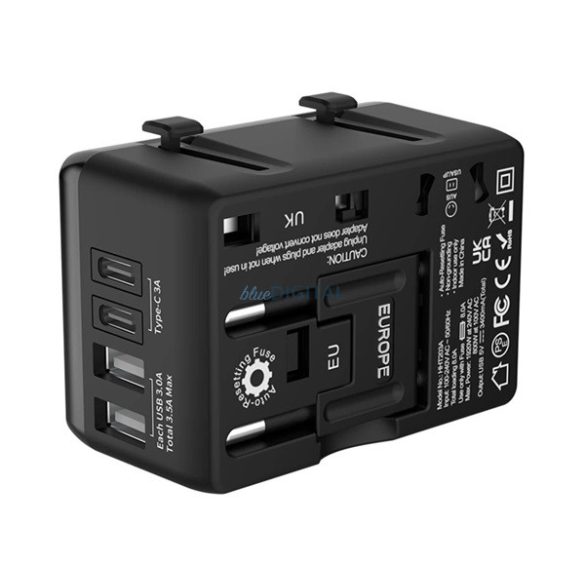 BLITZWOLF BW-TA1 utazó töltő 2 USB+2 Type-C aljzat (20W, GaN, PD gyorstöltés, EU, UK, US, AU) FEKETE