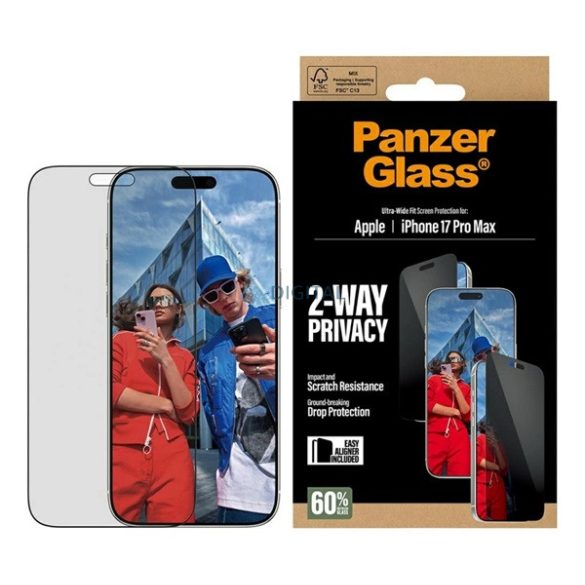 PANZERGLASS 2-WAY PRIVACY ULTRA-WIDE EASYALIGNER képernyővédő üveg (betekintés ellen, karcálló + segédkeret) FEKETE Apple iPhone 17 Pro Max